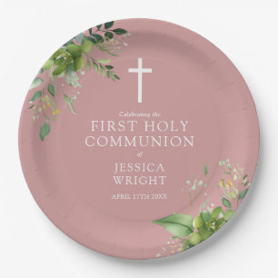 Dusty Rose Pink Greenery Erste Heilige Kommunion Pappteller