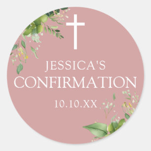 Dusty Rose Pink Greenery Floral Confirmation Gefal Runder Aufkleber