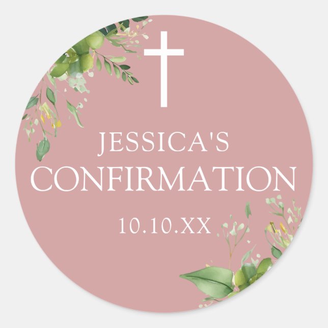 Dusty Rose Pink Greenery Floral Confirmation Gefal Runder Aufkleber (Vorderseite)