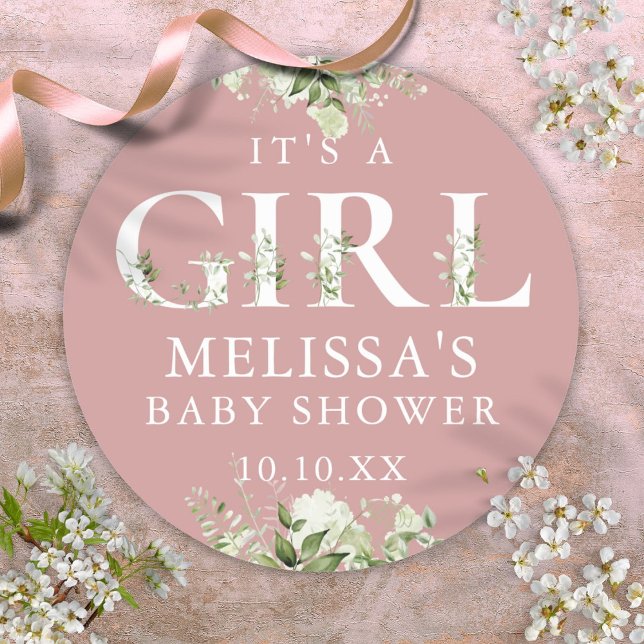 Dusty Rose Pink Greenery The Girl Baby Shower Runder Aufkleber (Dusty Rose Pink Greenery Its A Girl Baby Shower Classic Round Sticker)
