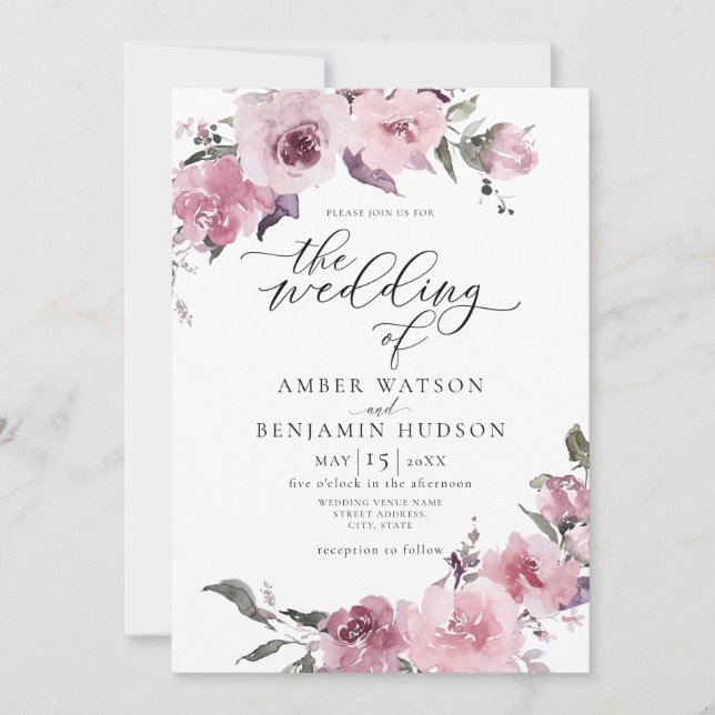 Dusty Rose Pink Mauve Blush Bloral Wedding Einladung (Vorderseite)