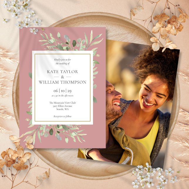 Dusty Rose Pink Mauve Grüne Foto Hochzeit Einladung (Dusty Rose Pink Mauve Greenery Photo Wedding Invitation)