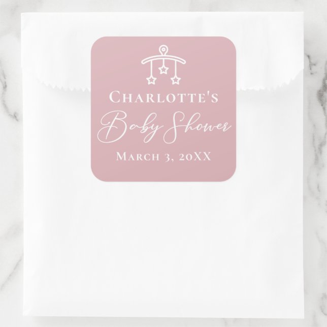 Dusty Rose Pink Moderne Babydusche Quadratischer Aufkleber (Tasche)