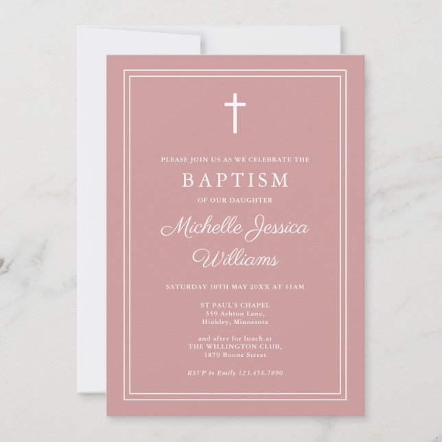 Dusty Rose Pink Moderne Elegante Border Taufe Einladung (Vorderseite)