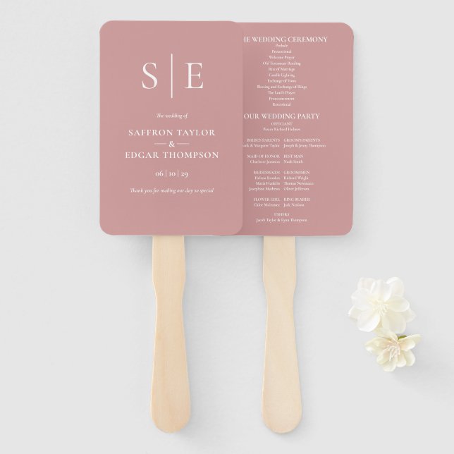 Dusty Rose Pink Monogram Wedding Program Fächer (Vorne und Hinten)