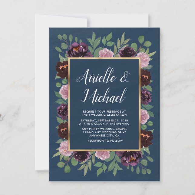 Dusty Rose Pink Navy Blue Hochzeit im Herbst Einla Einladung (Vorderseite)