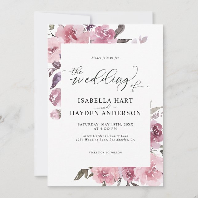 Dusty Rose Pink Pastel Floral Mauve Blume Hochzeit Einladung (Vorderseite)