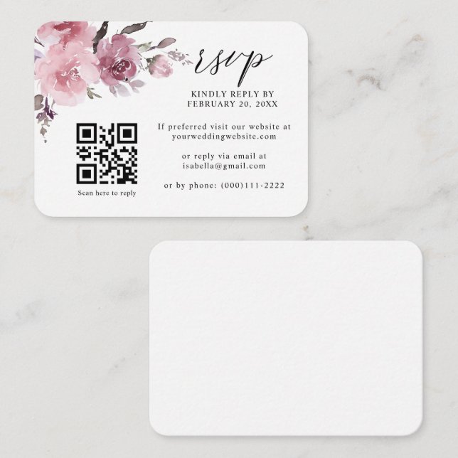 Dusty Rose Pink Pastel Floral QR Code Wedding RSVP Begleitkarte (Vorne/Hinten)