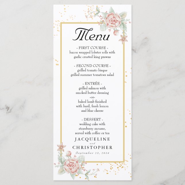 Dusty Rose Pink Peony Peach Wedding Menu Menükarte (Vorderseite)