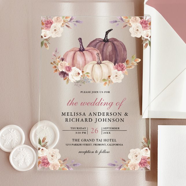 Dusty Rose Pink Pumpkin and Ivory Floral Wedding Acryleinladungen (Von Creator hochgeladen)