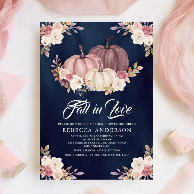 Dusty Rose Pink Pumpkin Floral Navy Brautparty Einladung (Von Creator hochgeladen)
