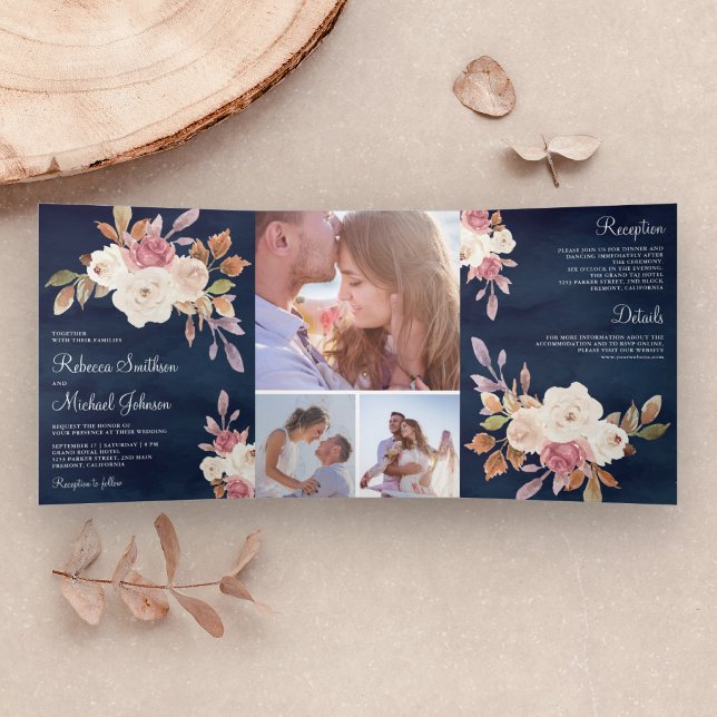 Dusty Rose Pink und Elfenbeinblauer Hochzeit Dreifach Gefaltete Einladung (Von Creator hochgeladen)