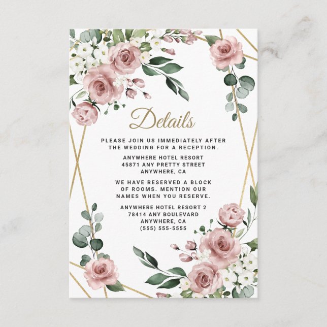 Dusty Rose Pink und Gold Blumengrün Hochzeit Begleitkarte (Vorderseite)