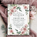 Dusty Rose Pink und Gold Blumengrün Hochzeit Einladung<br><div class="desc">Das Design zeichnet sich durch einen eleganten,  geometrisch goldfarbenen Rahmen aus,  der mit Aquarelltönen in staubigen Rose-Rosa-,  Lila- und ähnlichen Farbtönen mit weißen Blumenelementen in verschiedenen Grünzweigen und Blätter geschmückt ist. Sehen Sie sich die Sammlung auf dieser Seite an,  um passende Produkte aus dieser Suite zu finden.</div>