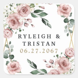 Dusty Rose Pink und Gold Blumengrün Hochzeit Quadratischer Aufkleber