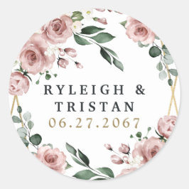 Dusty Rose Pink und Gold Blumengrün Hochzeit Runder Aufkleber