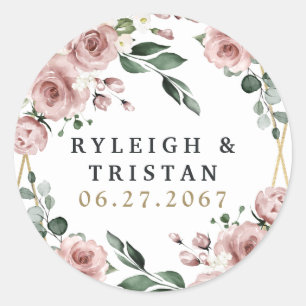 Dusty Rose Pink und Gold Blumengrün Hochzeit Runder Aufkleber