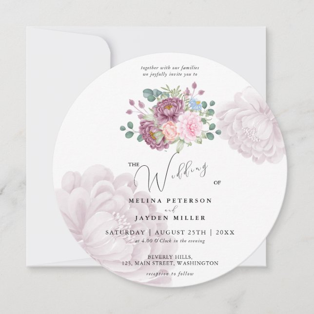Dusty Rose Plum Peony Floral Wedding Einladung (Vorderseite)