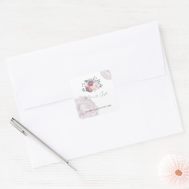 Dusty Rose Plum Peony Floral Wedding Quadratischer Aufkleber (Umschlag)