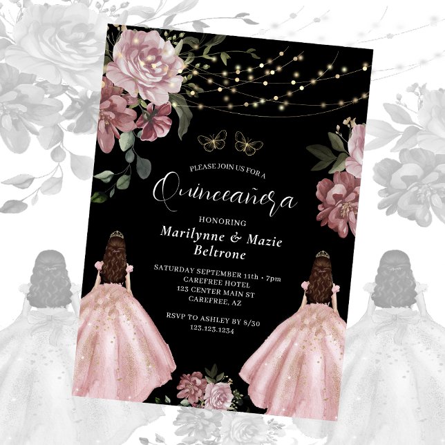Dusty Rose Princess Floral Twins Quinceañera Einladung (Von Creator hochgeladen)