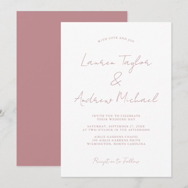 Dusty Rose Romantische Moderne Hochzeit Einladung (Vorne/Hinten)
