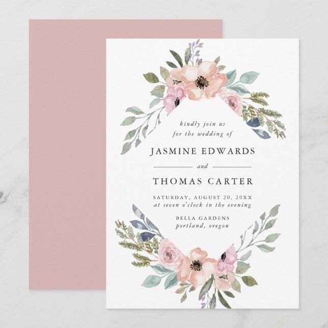 Dusty Rose Rosa Aquarellrahmen | Hochzeit Einladung (Vorne/Hinten)