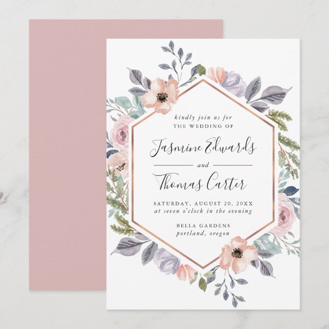 Dusty Rose Rosa Aquarellrahmen | Hochzeit Einladung (Vorne/Hinten)