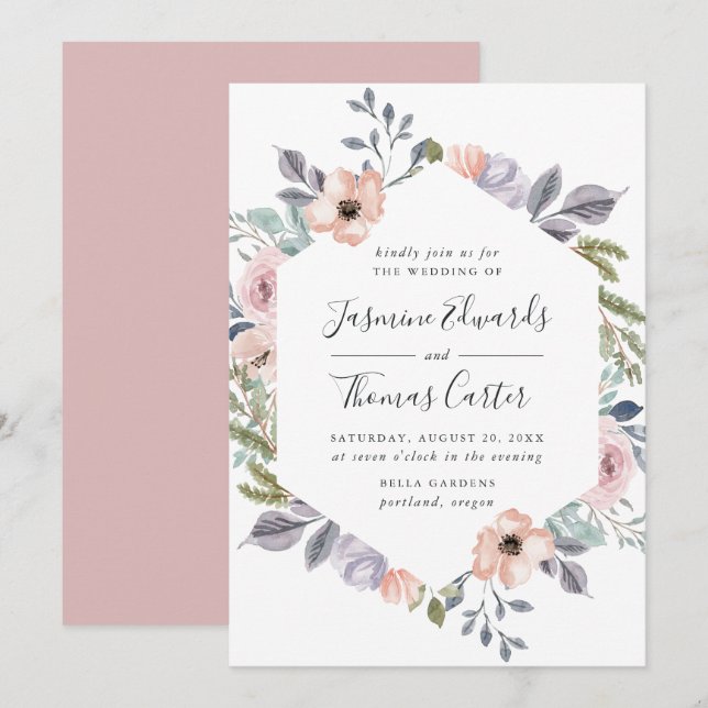 Dusty Rose Rosa Aquarellrahmen | Hochzeit Einladung (Vorne/Hinten)