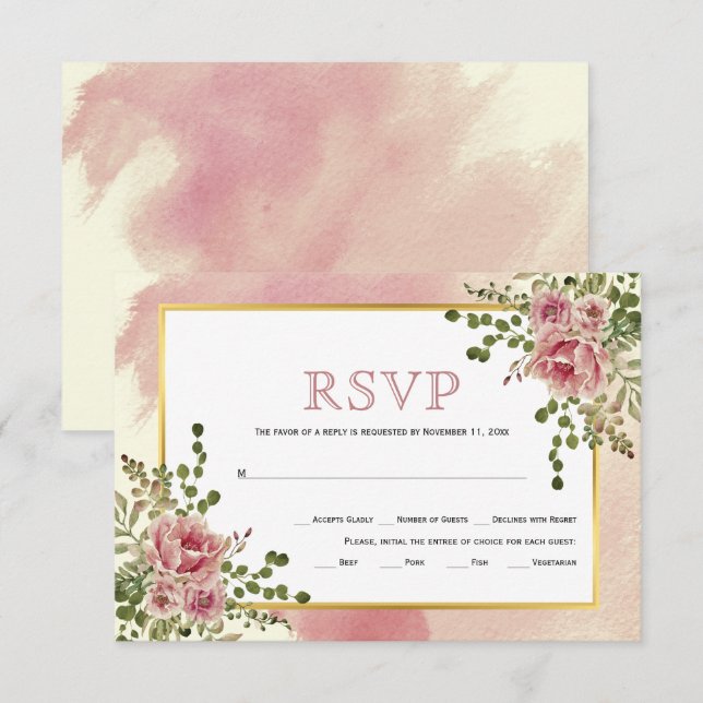 Dusty Rose rosa Blume Goldrahmen boho Hochzeit RSVP Karte (Vorne/Hinten)