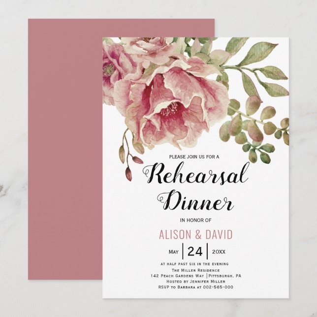 Dusty Rose Rosa Blumenstrauß Hochzeit Probe Dinner Einladung (Vorne/Hinten)