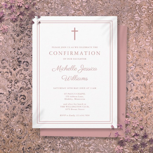 Dusty Rose rosa Border Confirmation Einladung Postkarte (Dusty Rose Pink Border Confirmation Invitation Postcard)