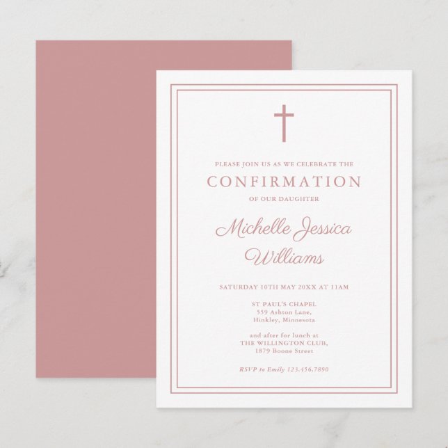 Dusty Rose rosa Border Confirmation Einladung Postkarte (Vorne/Hinten)