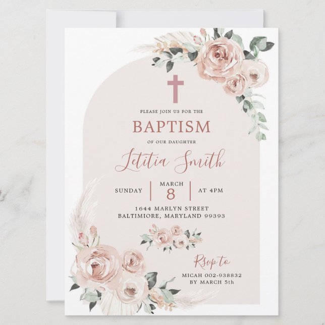 Dusty Rose Rosa Cross Taufe Einladung (Vorderseite)
