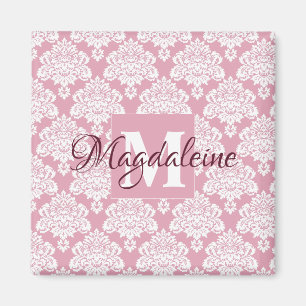 Dusty Rose Rosa Damask Monogram mit Name Magnet