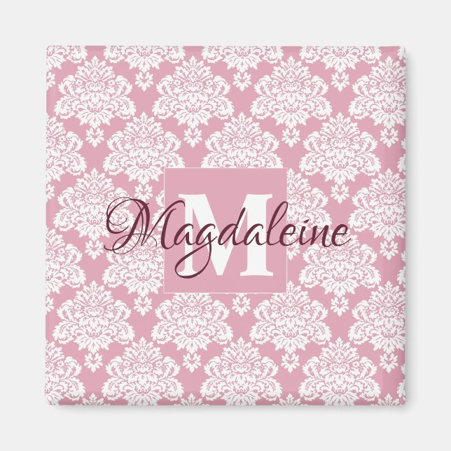 Dusty Rose Rosa Damask Monogram mit Name Magnet (Vorne)