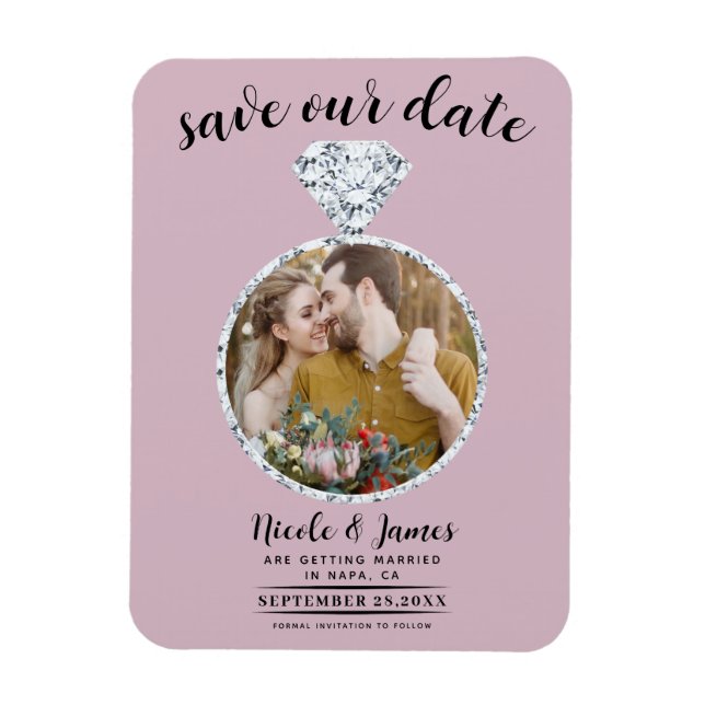 Dusty Rose Rosa Diamantring Save the Date blenden Magnet (Vertikal)