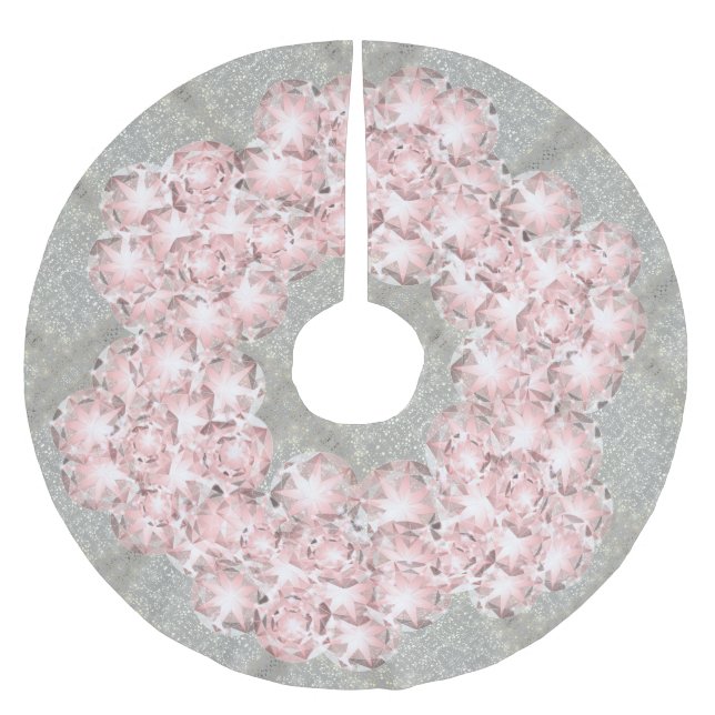 Dusty Rose Rosa Edelsteine auf Grau mit Goldsparkl Polyester Weihnachtsbaumdecke (Vorderseite)