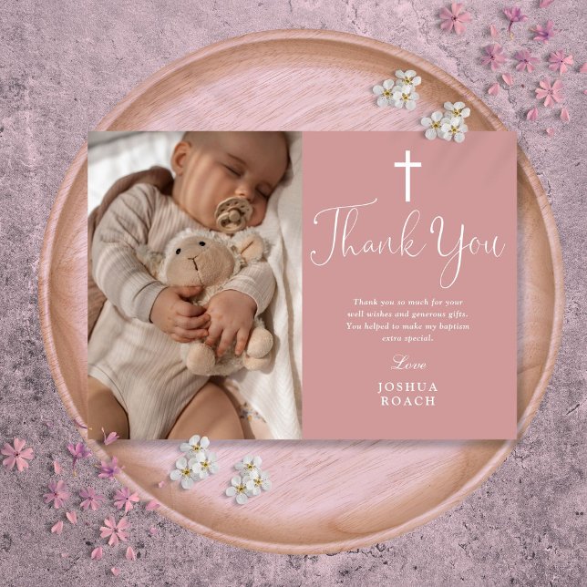 Dusty Rose Rosa Elegantes Script Foto Taufe Dankeskarte (Dusty Rose Pink Elegant Script Photo Baptism Thank You Card)