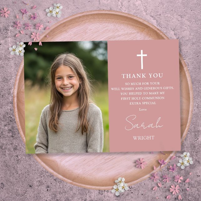 Dusty Rose Rosa Foto Erste Heilige Kommune Dankeskarte (Dusty Rose Pink Photo First Holy Communion Thank You Card)