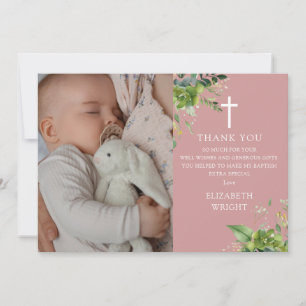 Dusty Rose Rosa Grüne Foto Taufe Christening Dankeskarte