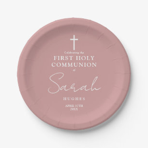 Dusty Rose Rosa Minimalistisch Erste Heilige Kommu Pappteller