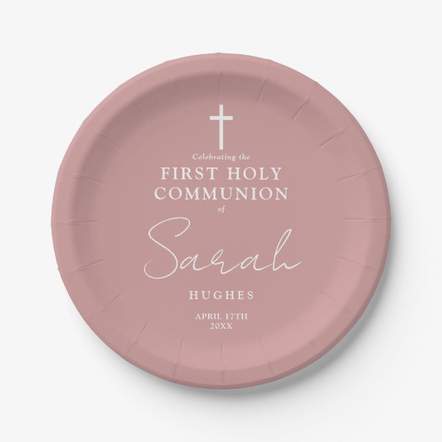 Dusty Rose Rosa Minimalistisch Erste Heilige Kommu Pappteller (Vorderseite)