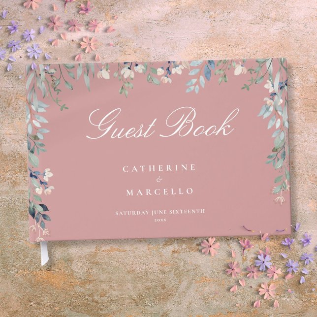 Dusty Rose Rosa Wildblumen Kaskade Hochzeit Gästebuch (Dusty Rose Pink Floral Wildflowers Cascade Wedding Guest Book)