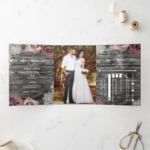 Dusty Rose Rose & Lace Rustic Gray Wood Wedding Dreifach Gefaltete Einladung