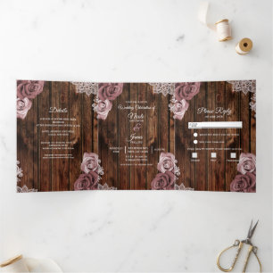 Dusty Rose Rustic Wood Trifold Wedding Programme