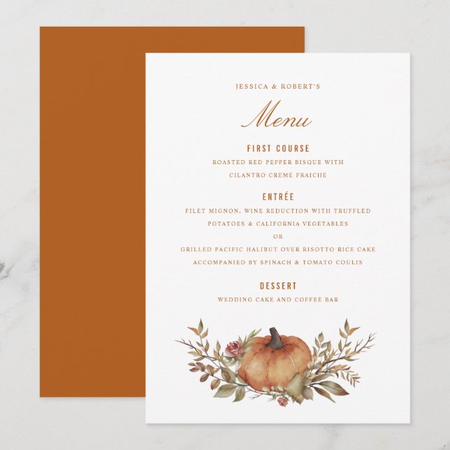 Dusty Rose Sage Rust Pumpkin Hochzeit im Herbst Menükarte (Vorne/Hinten)