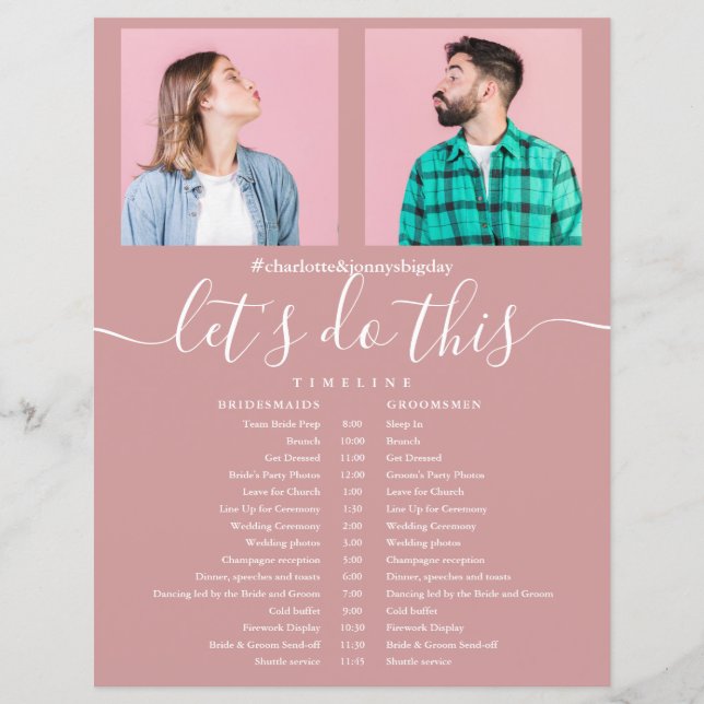 Dusty Rose Script Foto Wedding Zeitplan Zeitleiste (Vorderseite)