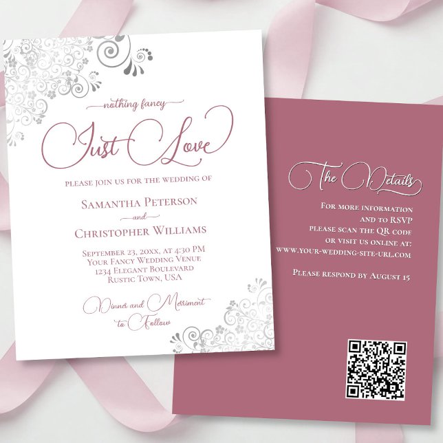 Dusty Rose Silver QR Code HAUSHALT Hochzeit einlad (front/back)