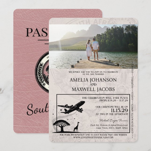 Dusty Rose South Africa Passport Wedding Einladung (Vorne/Hinten)