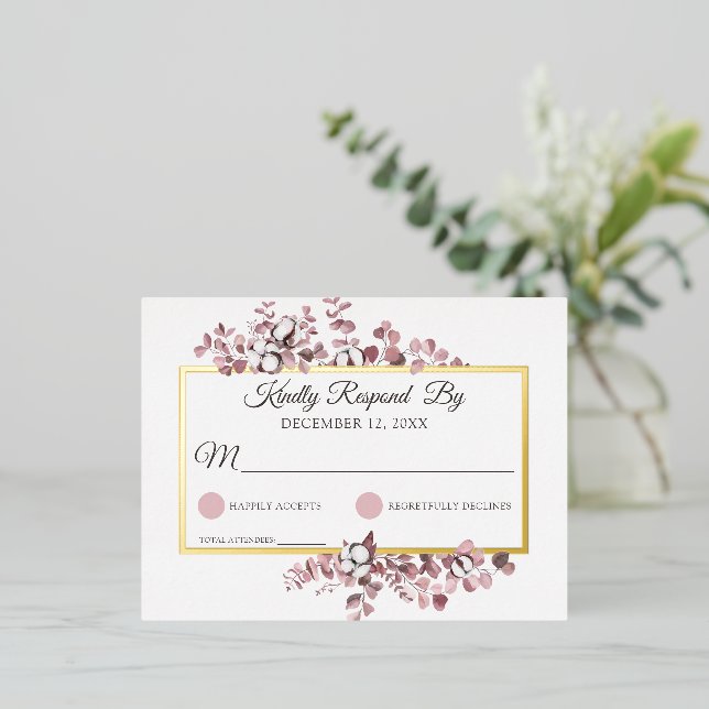 Dusty Rose Southern Cotton Botanical Wedding RSVP Folie Einladungspostkarte (Stehend vorne)